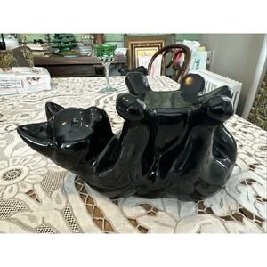 Vintage Royal Haeger Pottery, Black Cat On Back, Paws Up, For Fish Bowl